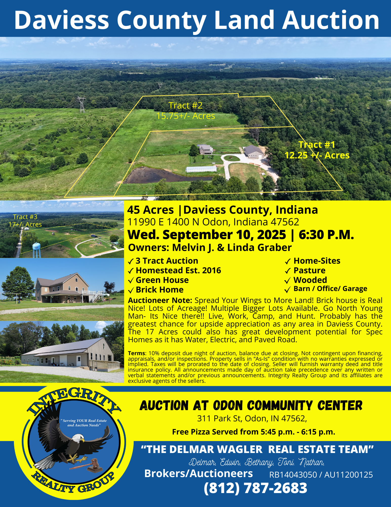 Daviess County land auction flyer for 11990 E 1400 N Odon Indiana