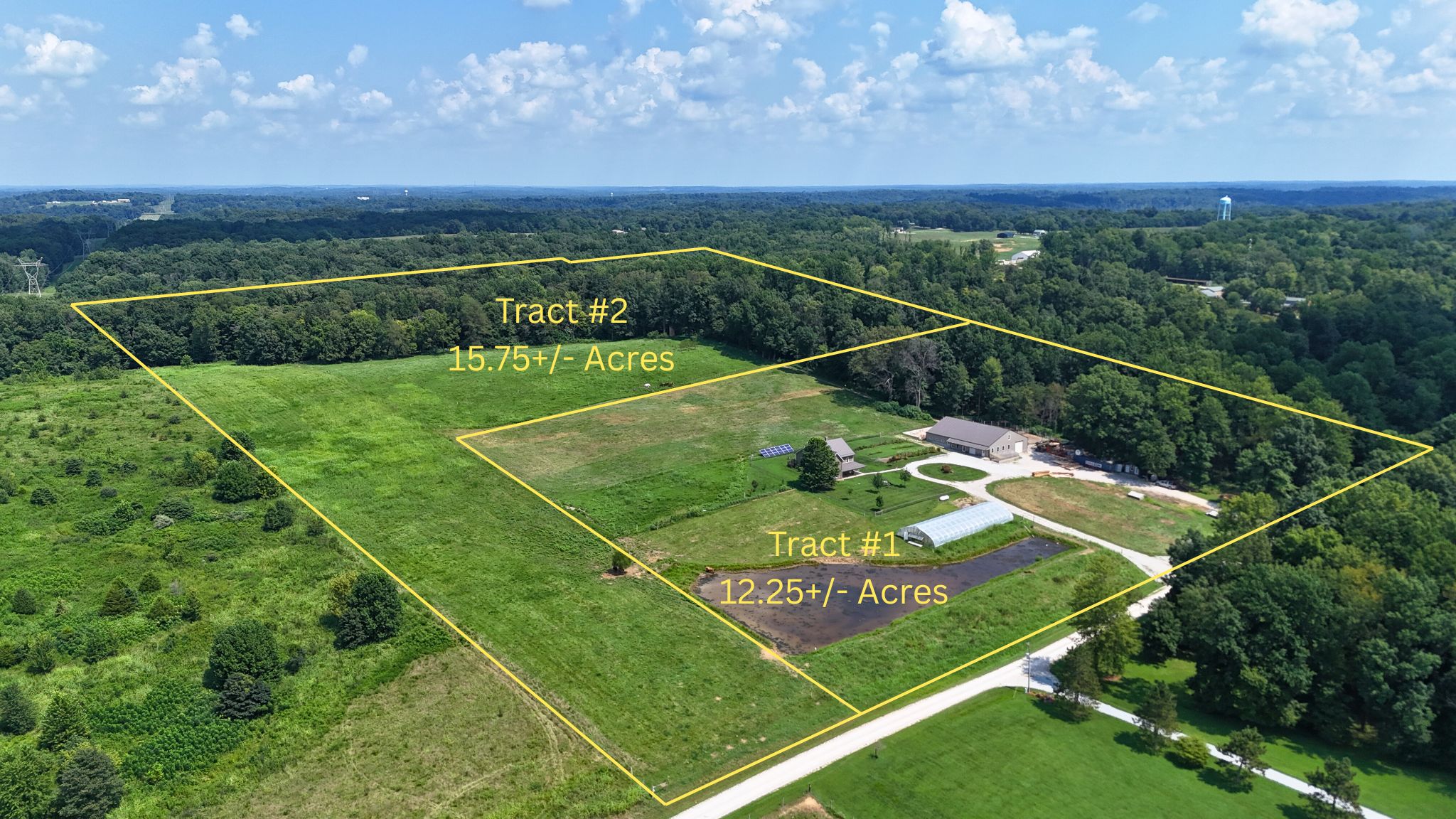 Aerial tract overview for 45 acre homestead at 11990 E 1400 N Odon Indiana auction