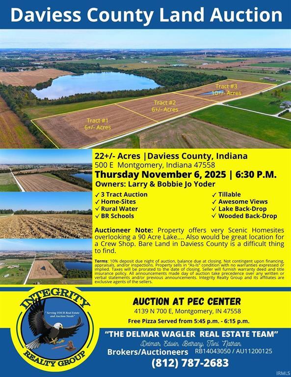 Daviess County Land Auction flyer for 22 acres near Montgomery Indiana