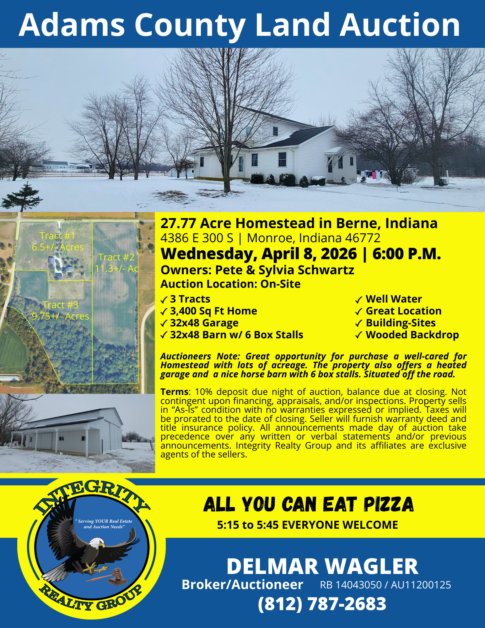 Adams County land auction flyer for 4386 E 300 S Monroe Indiana