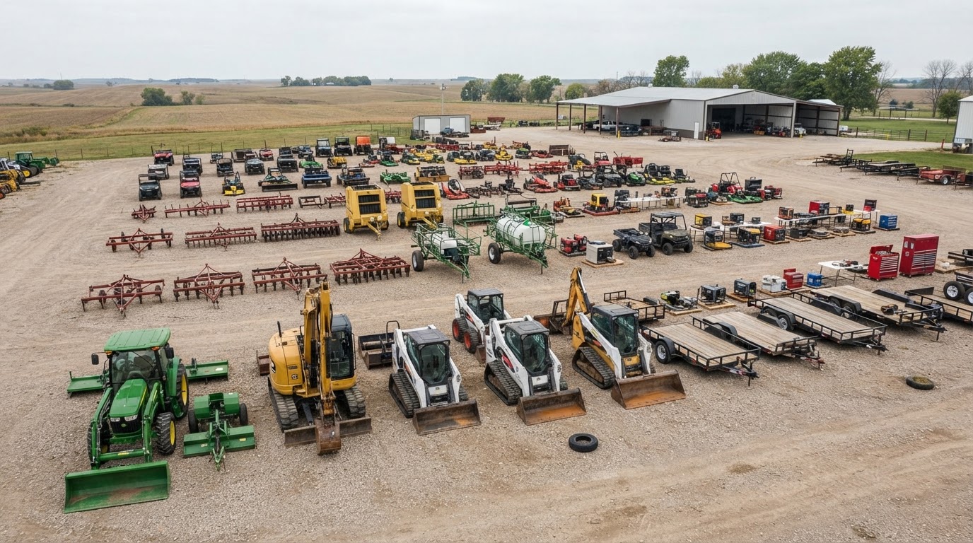 Farm and construction equipment prepared for auction
