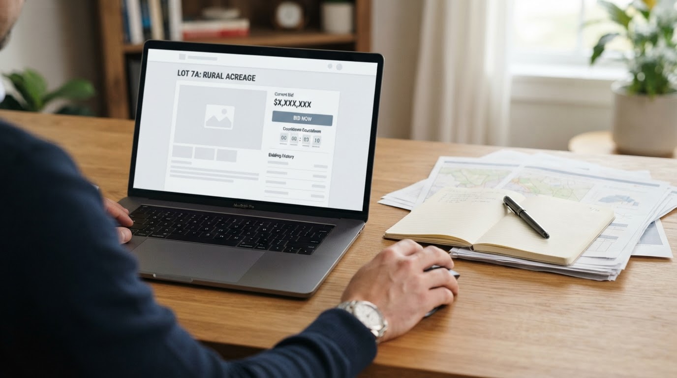 Laptop and property papers for online real estate auction registration
